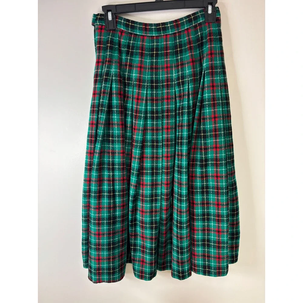 Pendleton Classic Plaid Wool Pleated Midi Skirt‎ Size 8 Green Red Black
